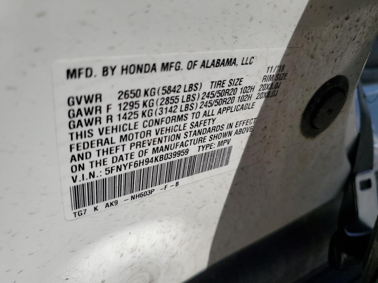 2019 Honda Pilot Touring VIN: 5FNYF6H94KB039959 Lot: 70900195