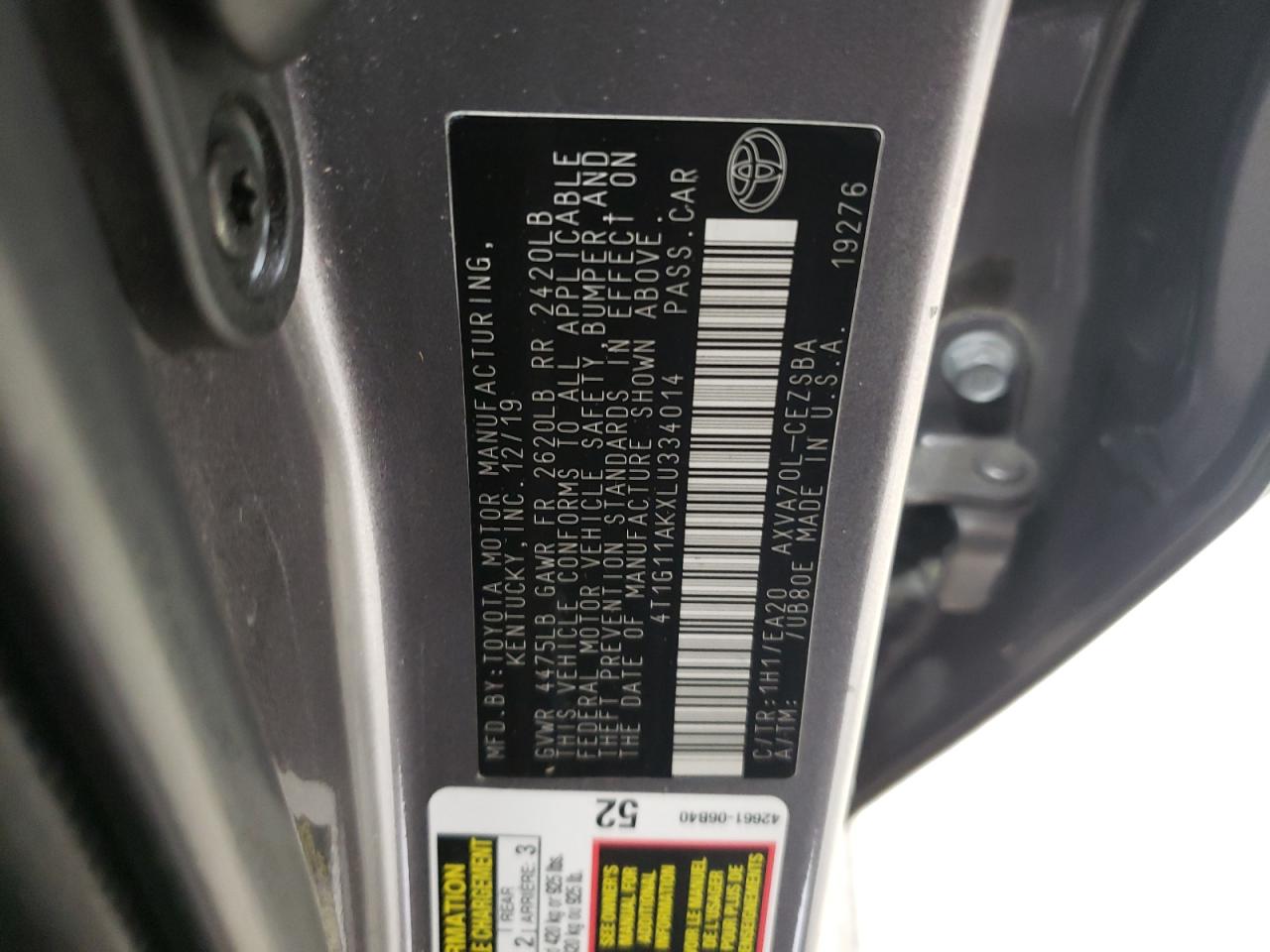 2020 Toyota Camry Se VIN: 4T1G11AKXLU334014 Lot: 62283675
