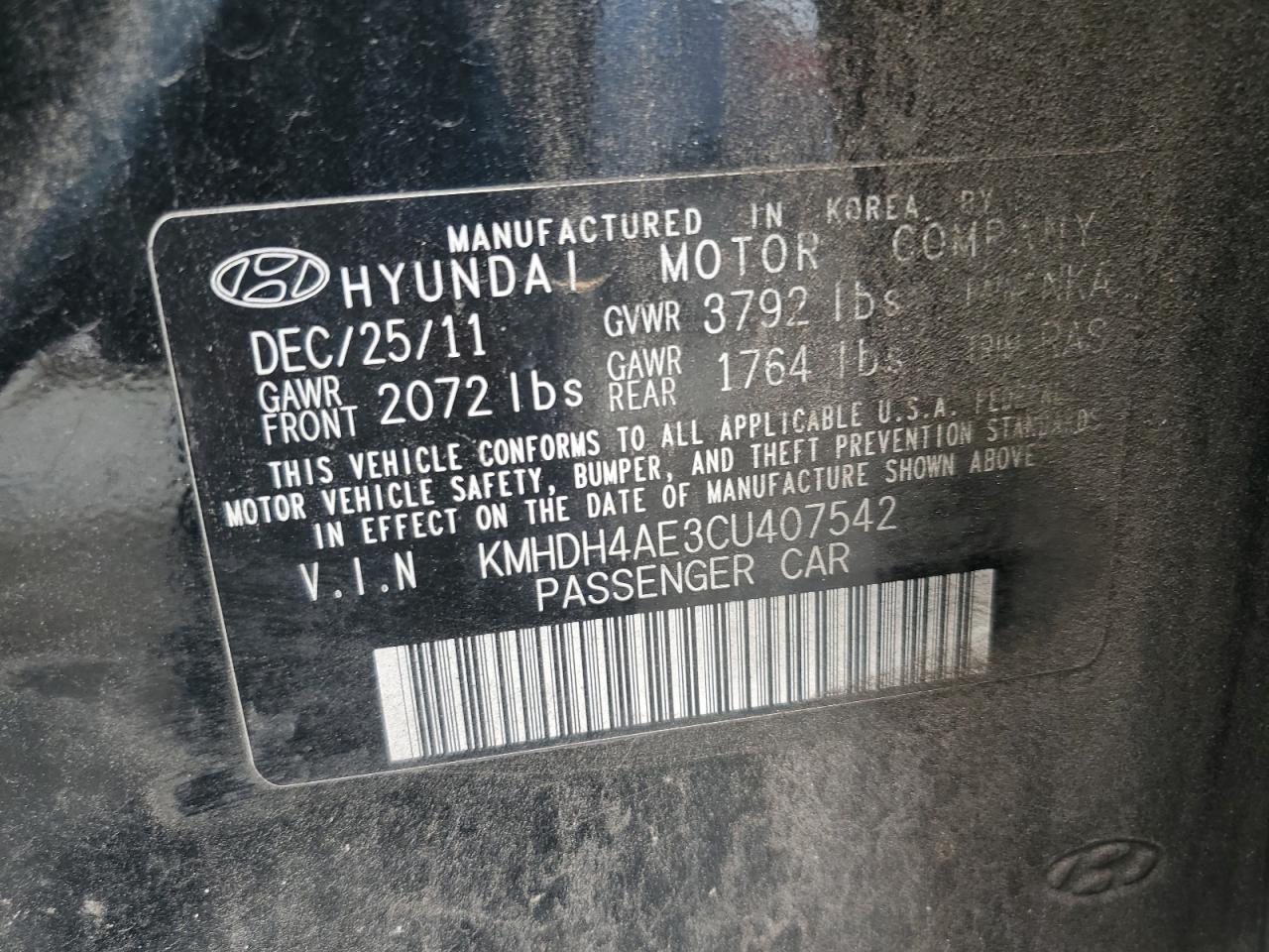 2012 Hyundai Elantra Gls VIN: KMHDH4AE3CU407542 Lot: 84925085