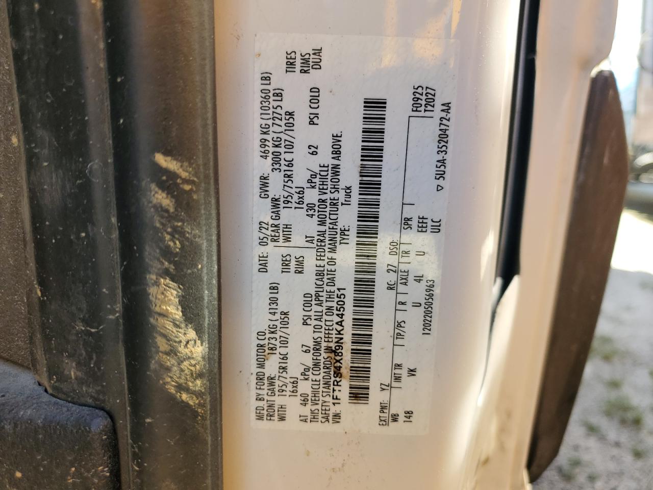 2022 Ford Transit T-350 Hd VIN: 1FTRS4X89NKA45051 Lot: 68282345