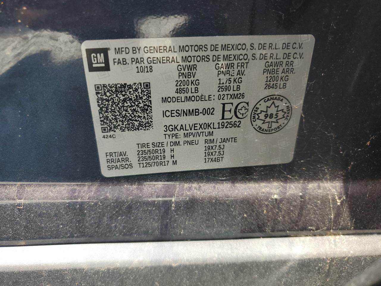 2019 GMC Terrain Slt VIN: 3GKALVEX0KL192562 Lot: 70314845