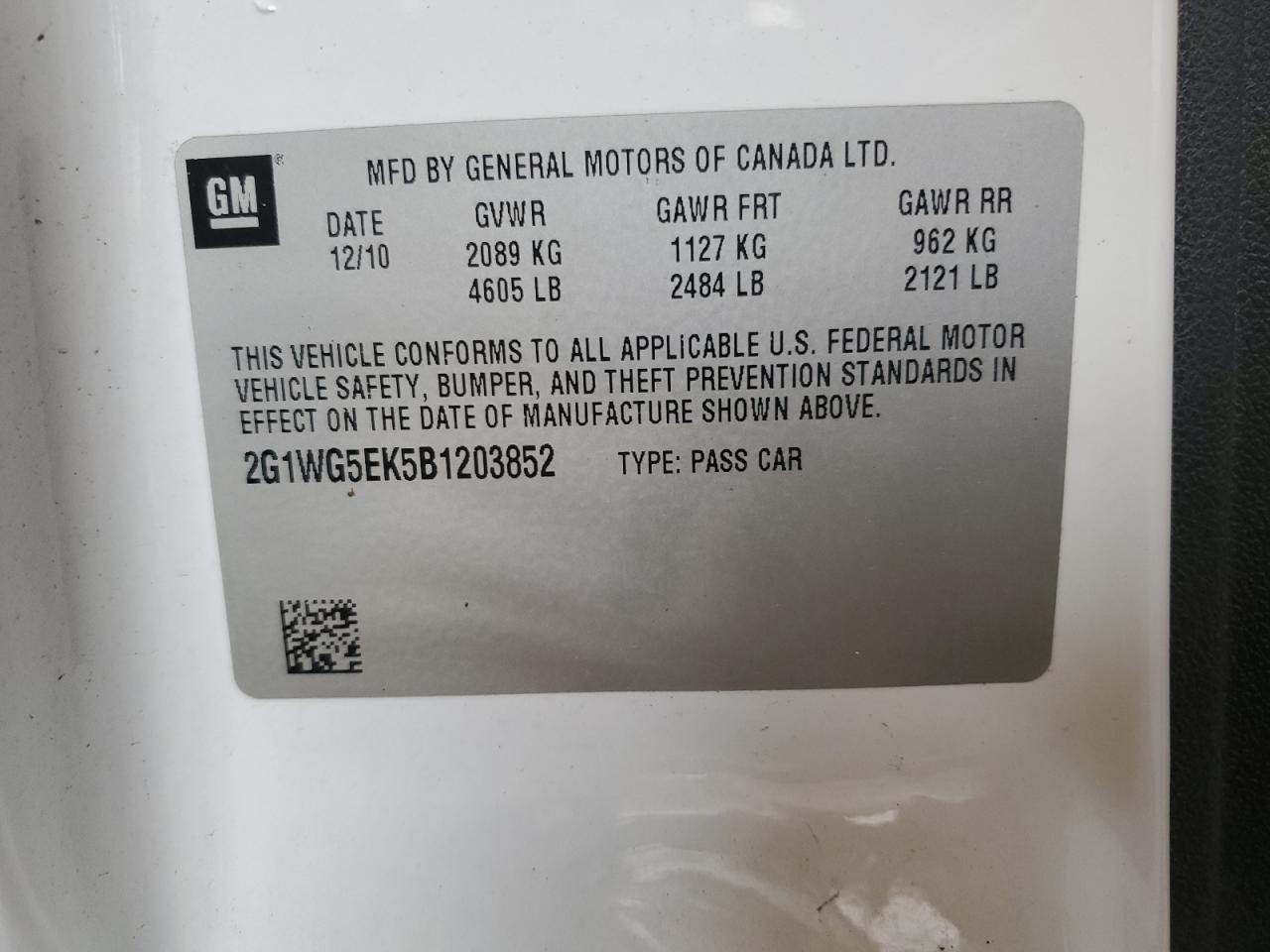 2011 Chevrolet Impala Lt VIN: 2G1WG5EK5B1203852 Lot: 68272125