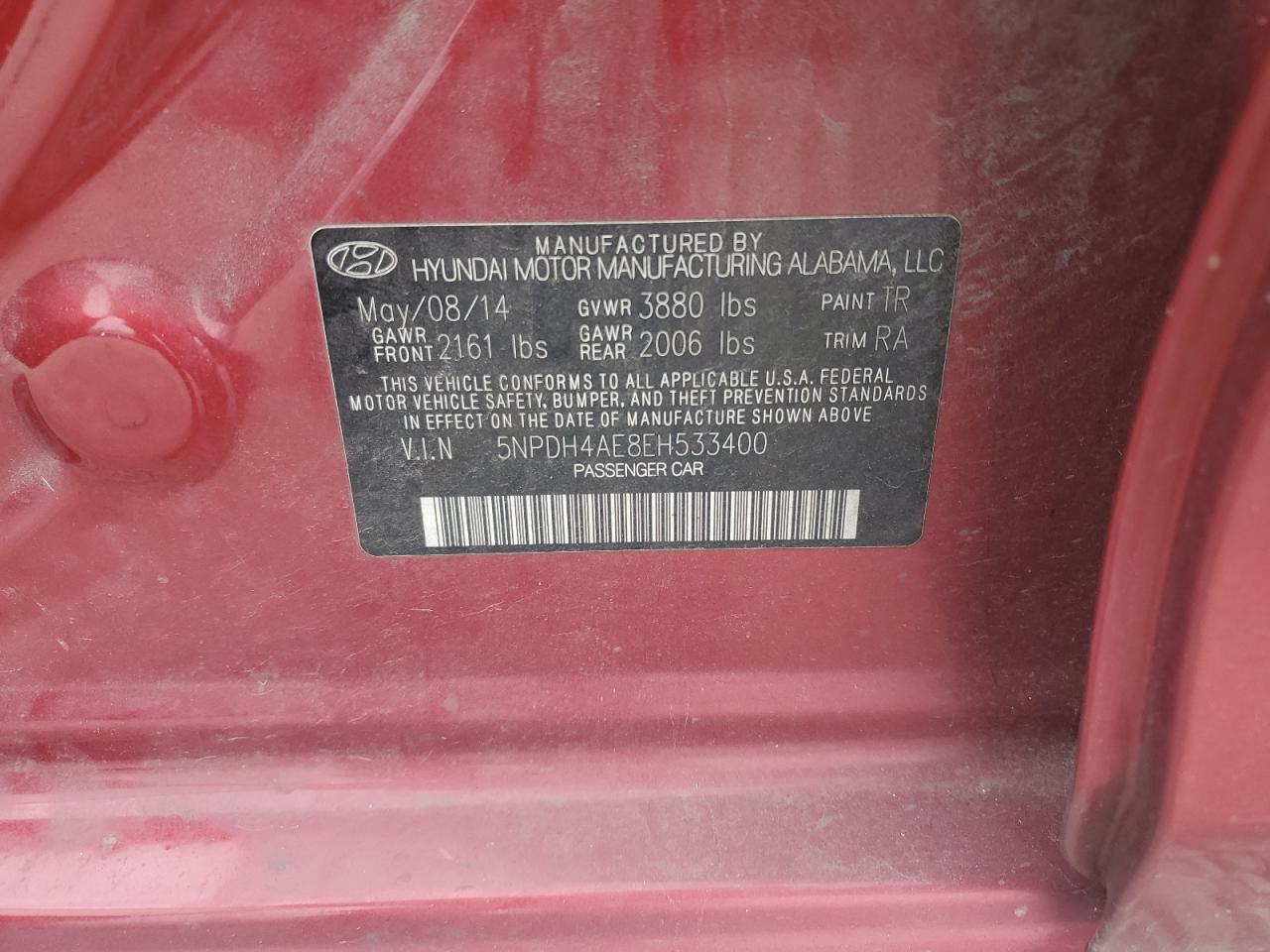 2014 Hyundai Elantra Se VIN: 5NPDH4AE8EH533400 Lot: 70081605