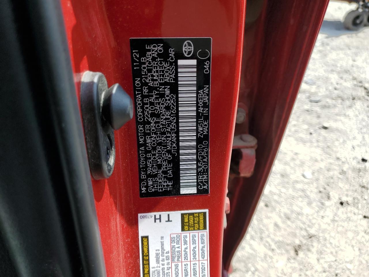 2022 Toyota Prius Night Shade VIN: JTDKAMFU5N3162252 Lot: 67711055