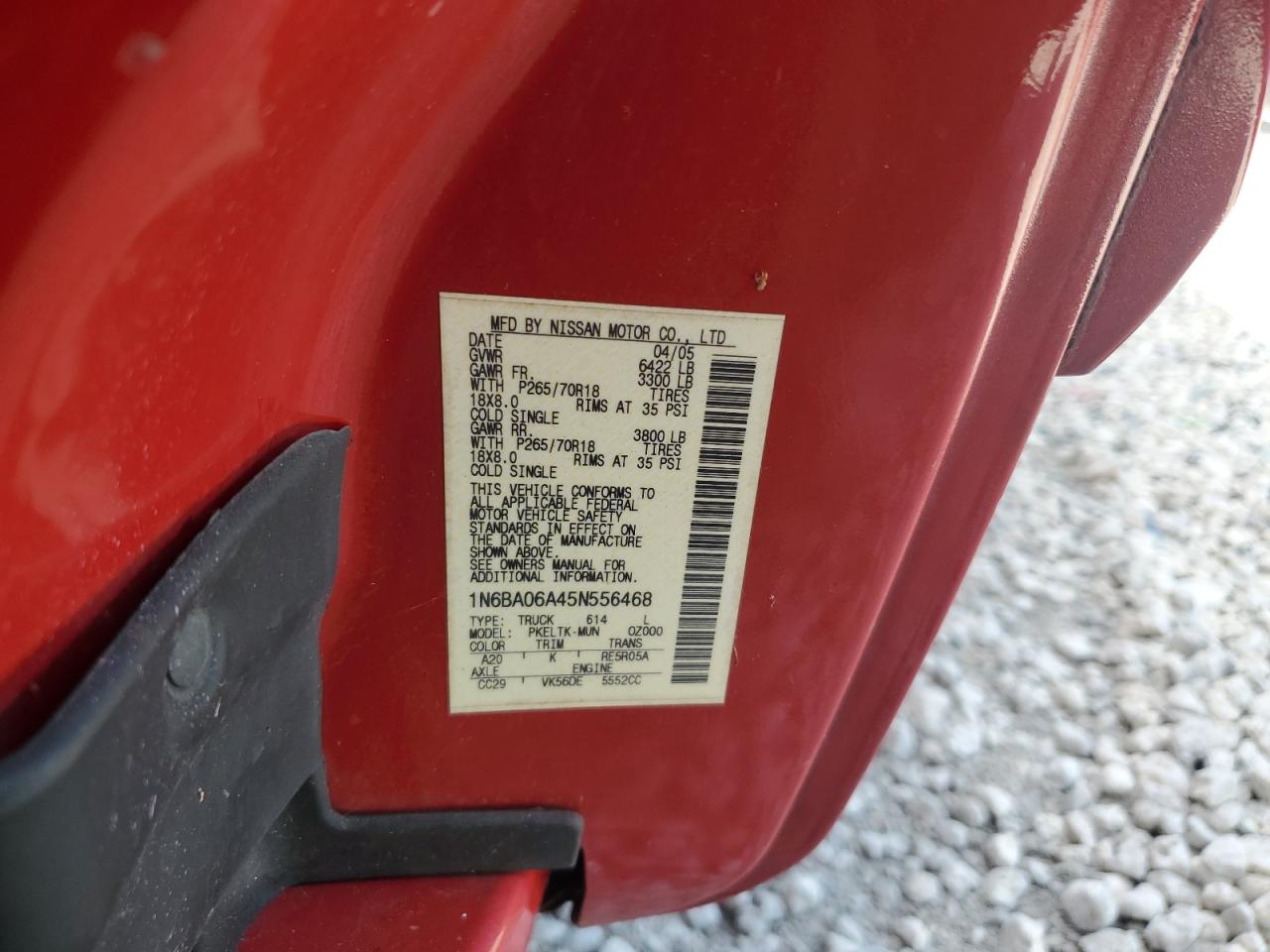 2005 Nissan Titan Xe VIN: 1N6BA06A45N556468 Lot: 69408765