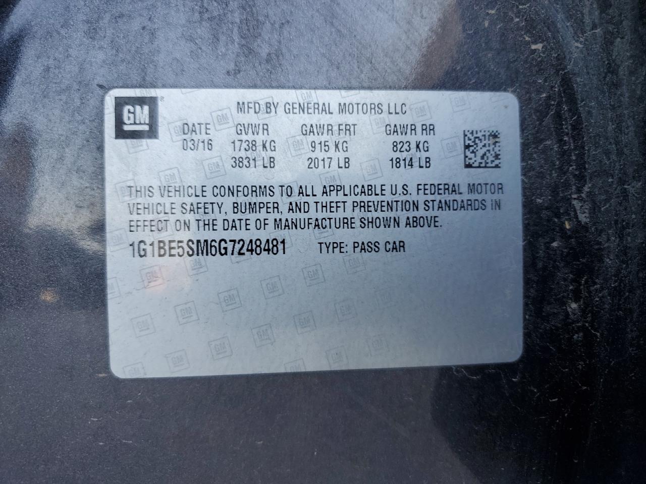 2016 Chevrolet Cruze Lt VIN: 1G1BE5SM6G7248481 Lot: 95801545