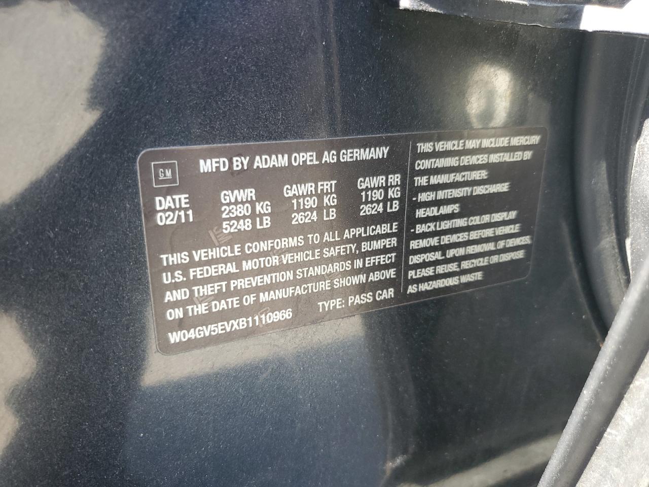 2011 Buick Regal Cxl VIN: W04GV5EVXB1110966 Lot: 69799705