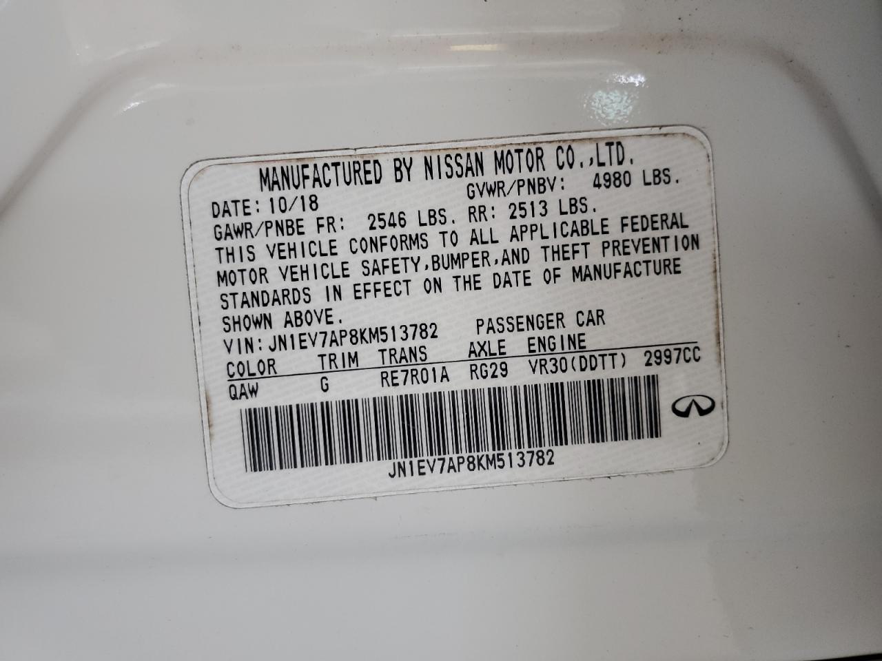 2019 Infiniti Q50 Luxe VIN: JN1EV7AP8KM513782 Lot: 68715745