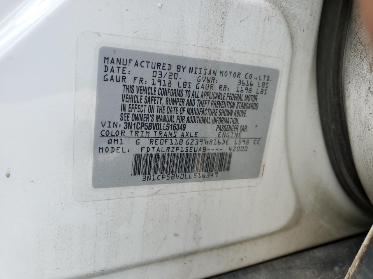 2020 Nissan Kicks S VIN: 3N1CP5BV0LL516349 Lot: 68929125