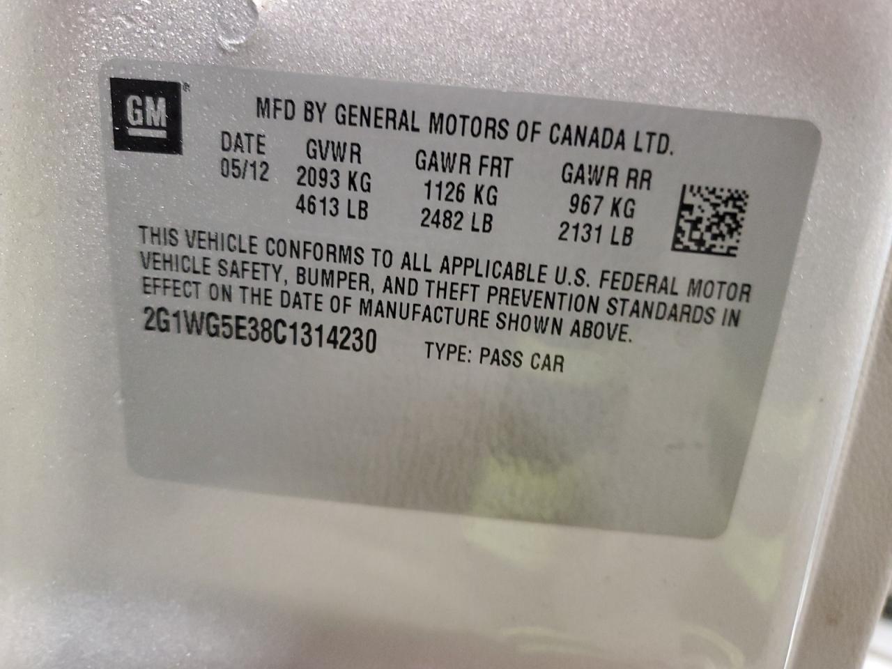 2012 Chevrolet Impala Lt VIN: 2G1WG5E38C1314230 Lot: 69769575