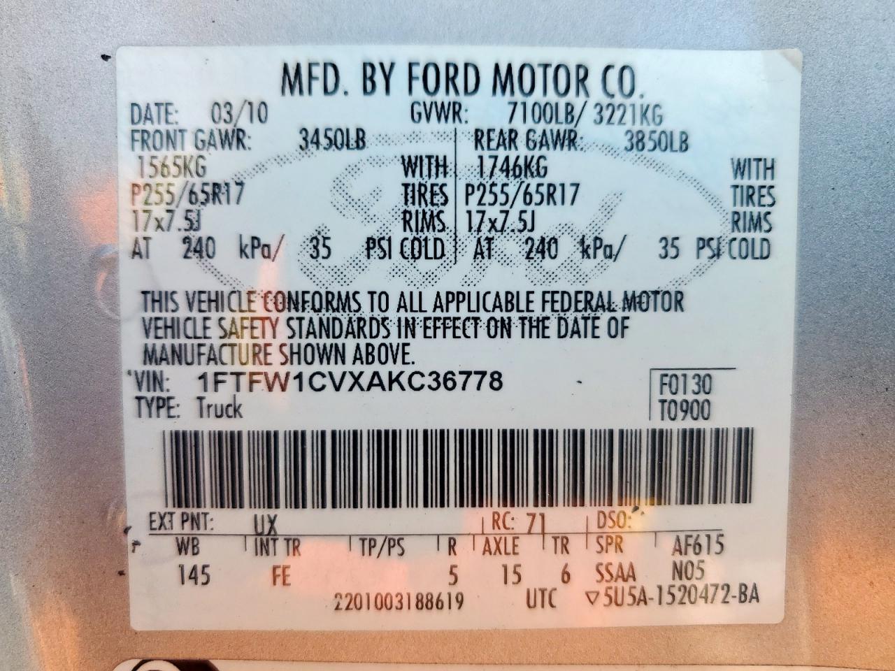 2010 Ford F150 Supercrew VIN: 1FTFW1CVXAKC36778 Lot: 70321355