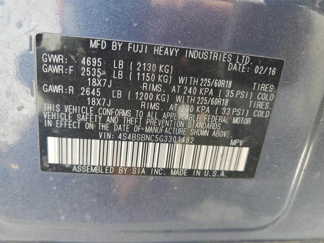 2016 Subaru Outback 2.5I Limited VIN: 4S4BSBNC5G3301482 Lot: 69316945