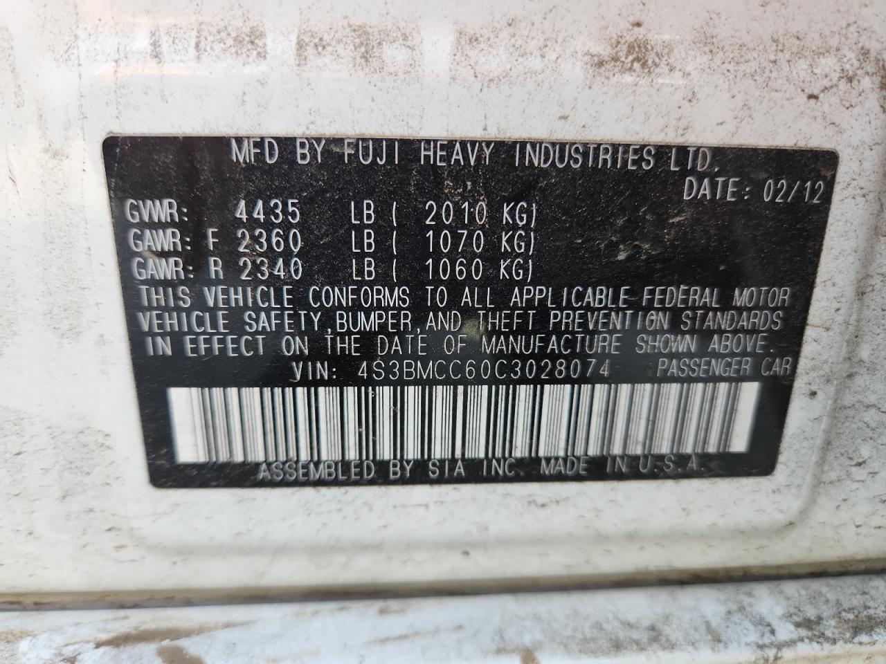 2012 Subaru Legacy 2.5I Premium VIN: 4S3BMCC60C3028074 Lot: 70741685