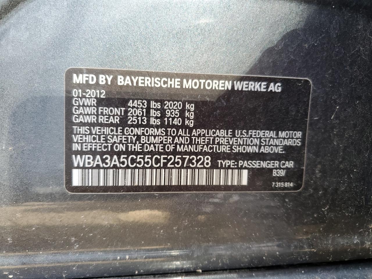 2012 BMW 328 I VIN: WBA3A5C55CF257328 Lot: 69649125