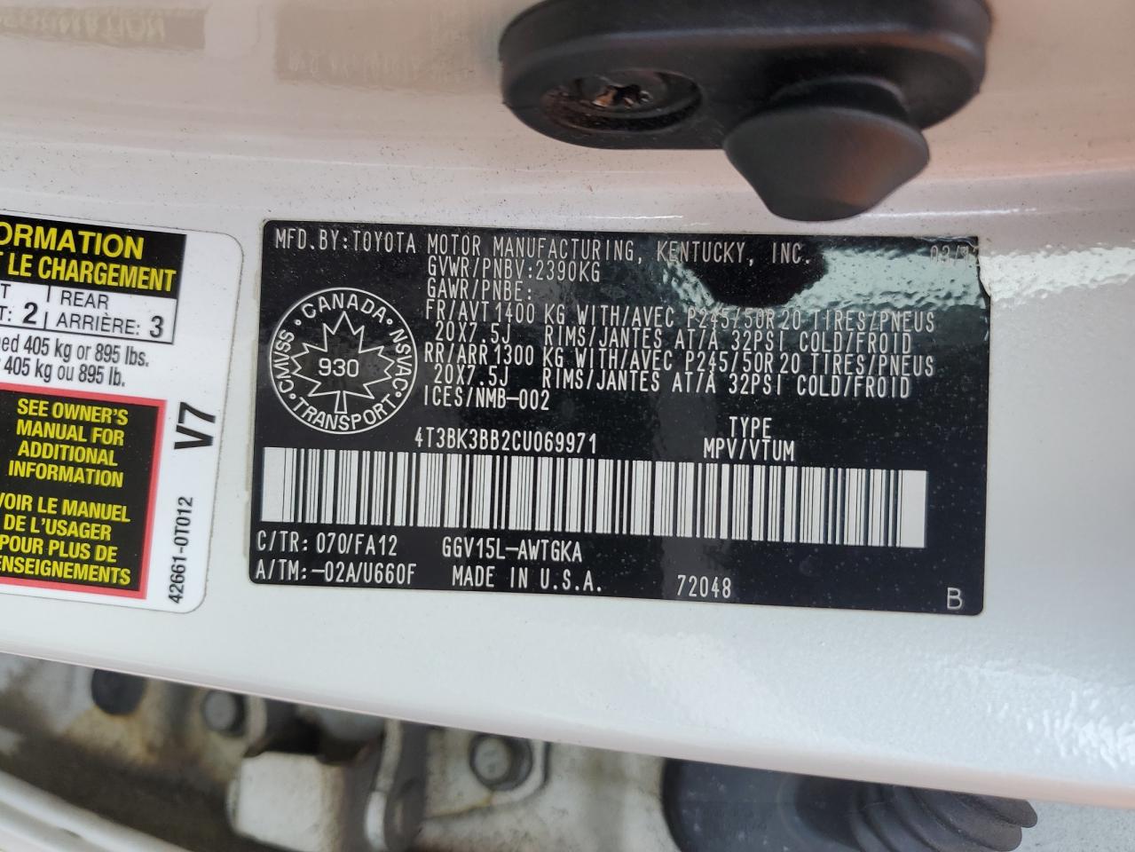 2012 Toyota Venza Le VIN: 4T3BK3BB2CU069971 Lot: 69591135