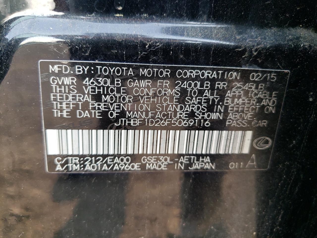 2015 Lexus Is 250 VIN: JTHBF1D26F5069116 Lot: 67501025