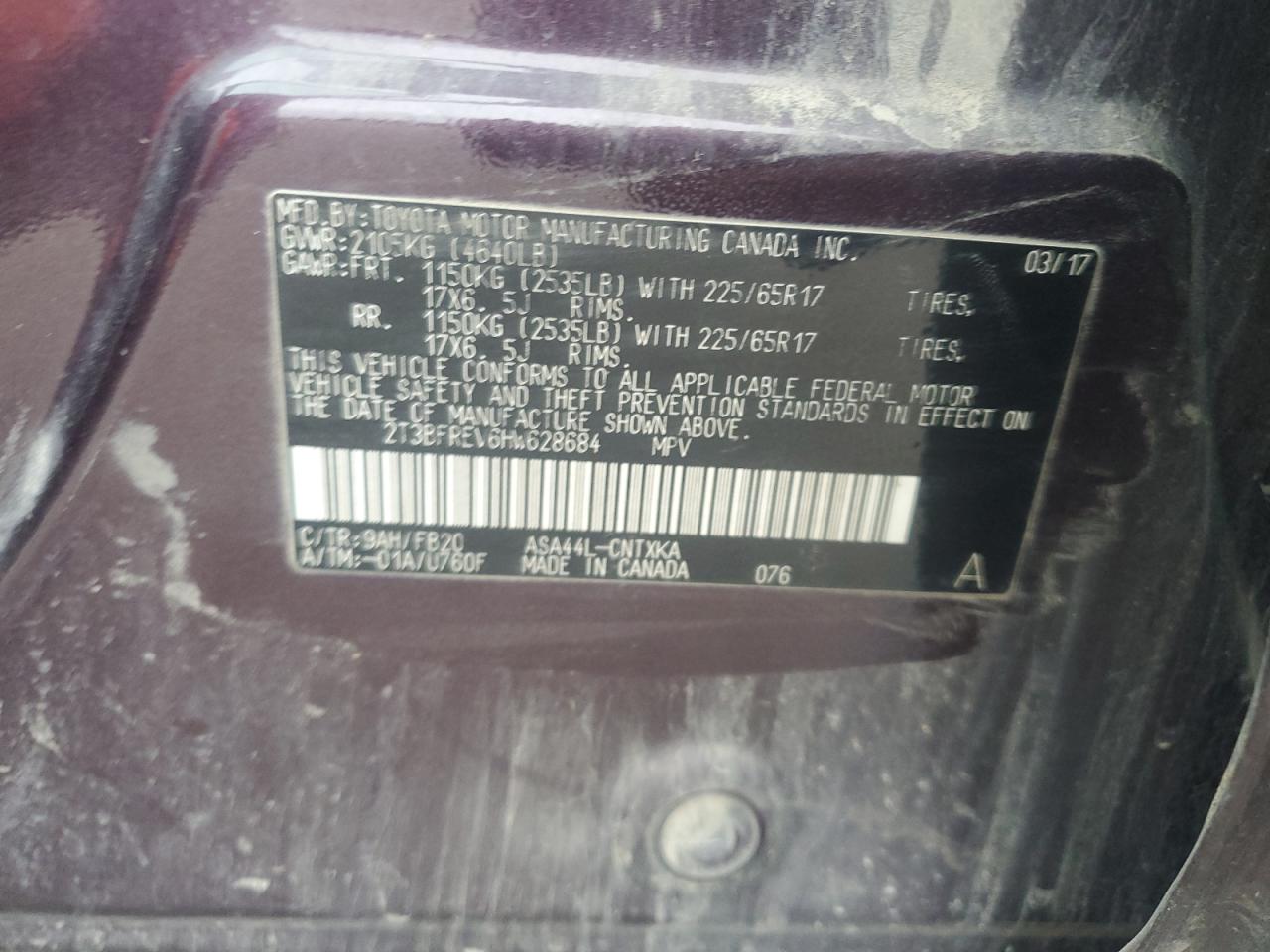 2017 Toyota Rav4 Le VIN: 2T3BFREV6HW628684 Lot: 66601435