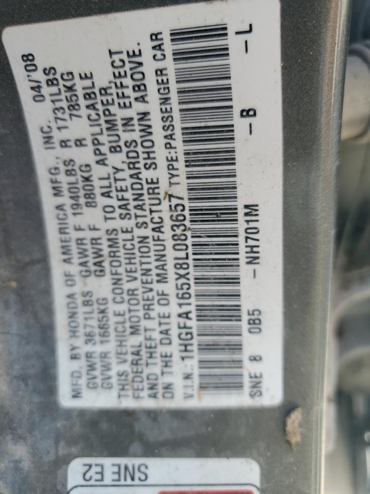 2008 Honda Civic Lx VIN: 1HGFA165X8L083657 Lot: 69752145