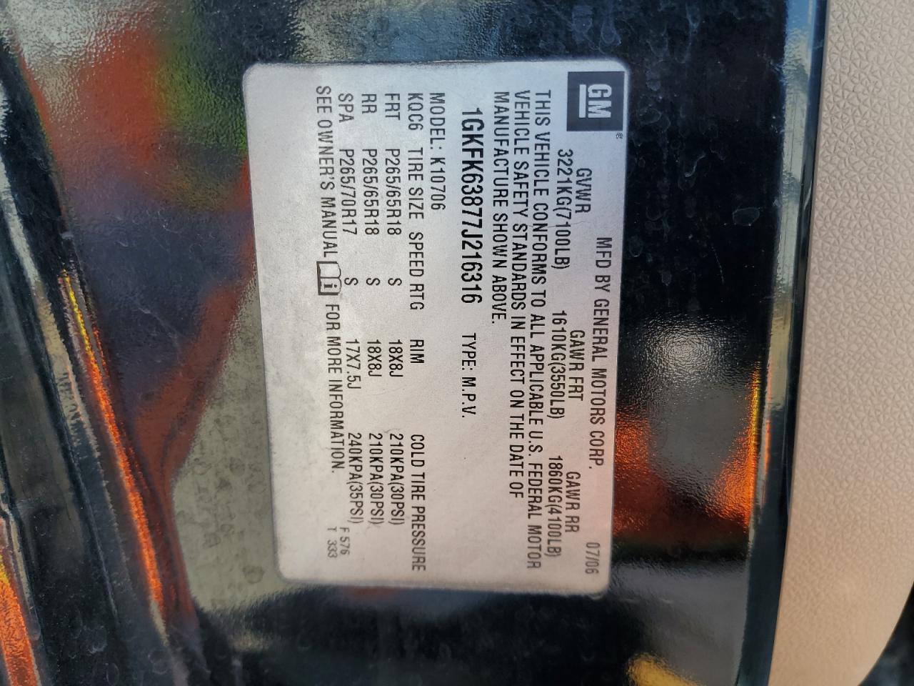 2007 GMC Yukon Denali VIN: 1GKFK63877J216316 Lot: 70342245