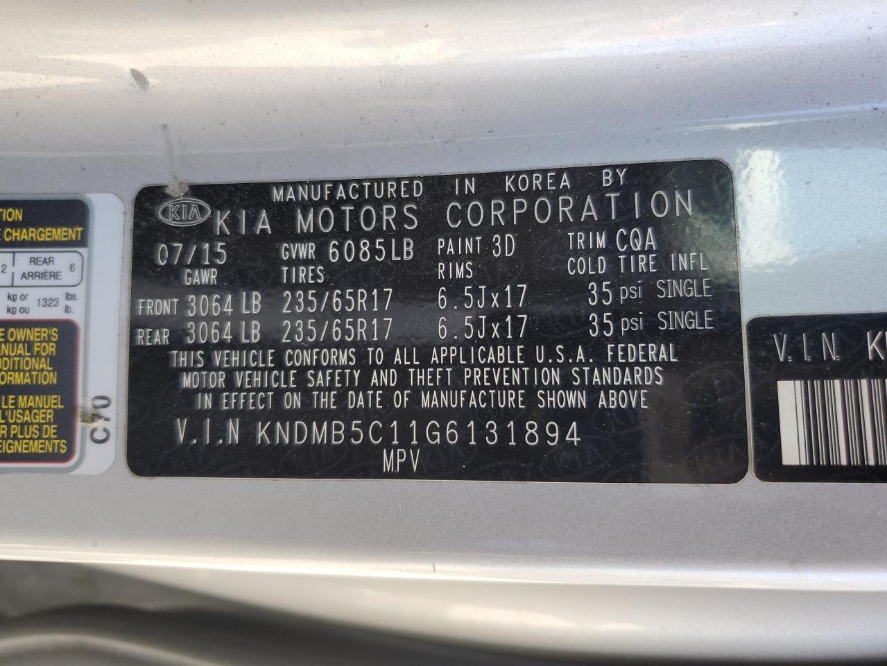 2016 Kia Sedona Lx VIN: KNDMB5C11G6131894 Lot: 70576185