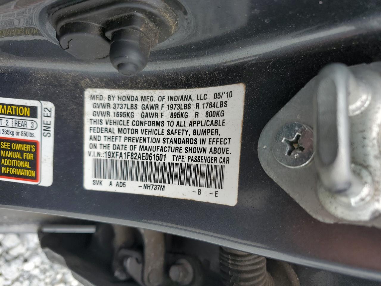 2010 Honda Civic Ex VIN: 19XFA1F82AE061501 Lot: 68085385