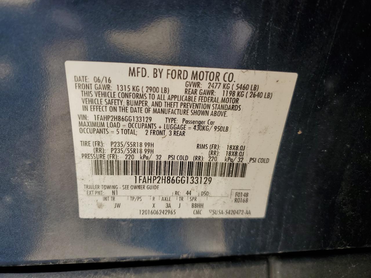 2016 Ford Taurus Sel VIN: 1FAHP2H86GG133129 Lot: 68116275