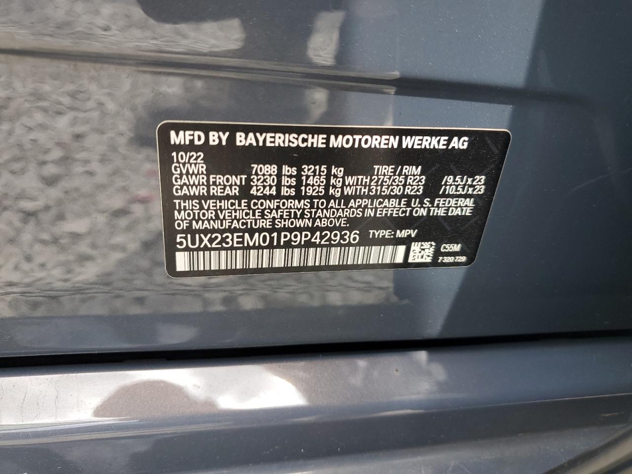 2023 BMW X7 xDrive40I VIN: 5UX23EM01P9P42936 Lot: 68529435