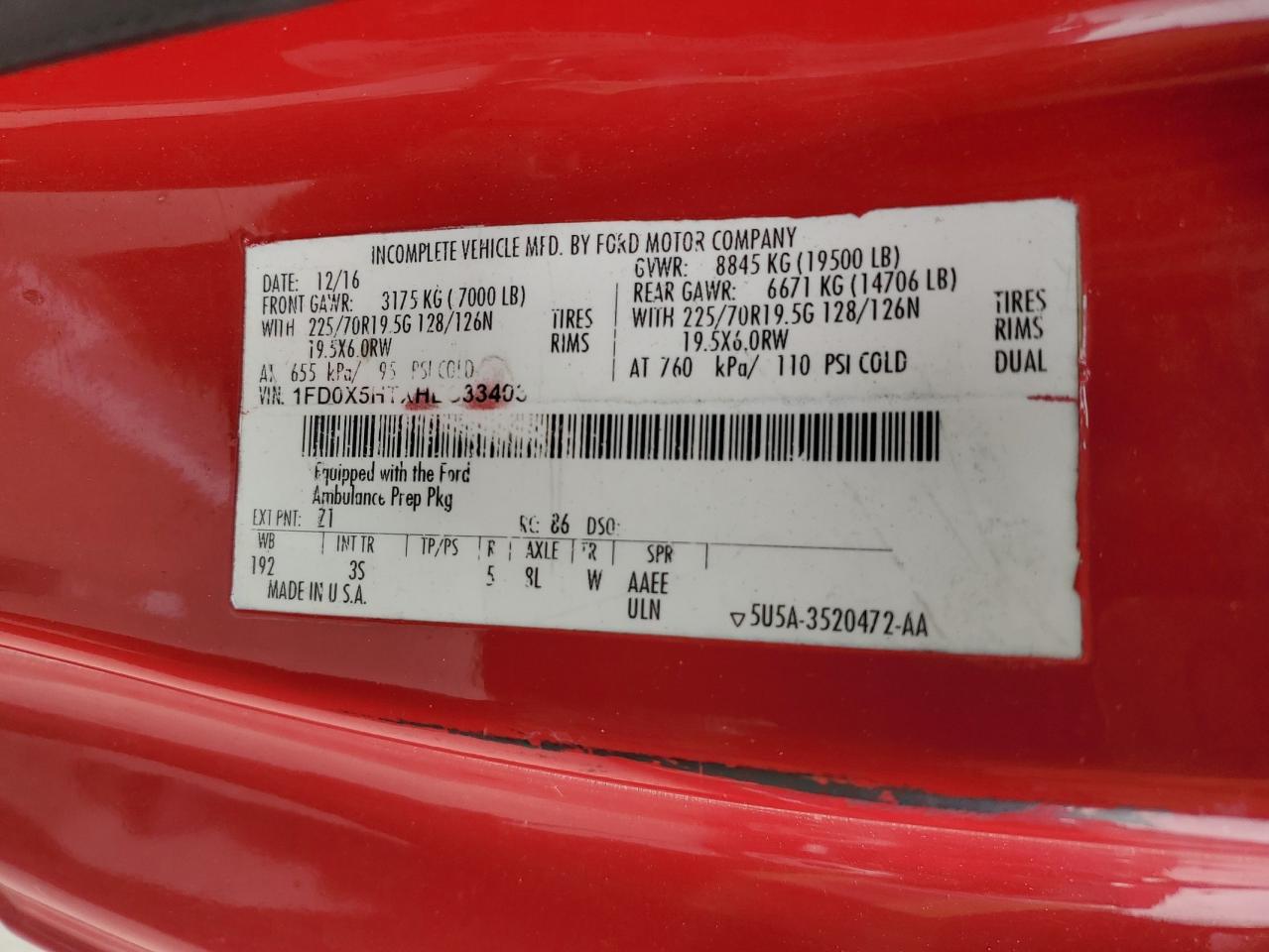 2017 Ford F550 Super Duty VIN: 1FD0X5HT4HEC33400 Lot: 70728765