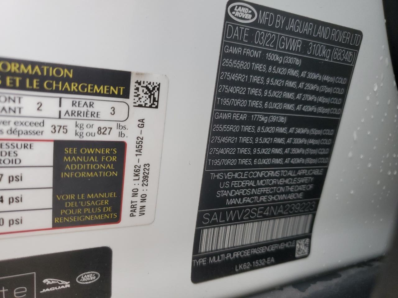 2022 Land Rover Range Rover Sport P525 Autobiography VIN: SALWV2SE4NA239223 Lot: 69222585