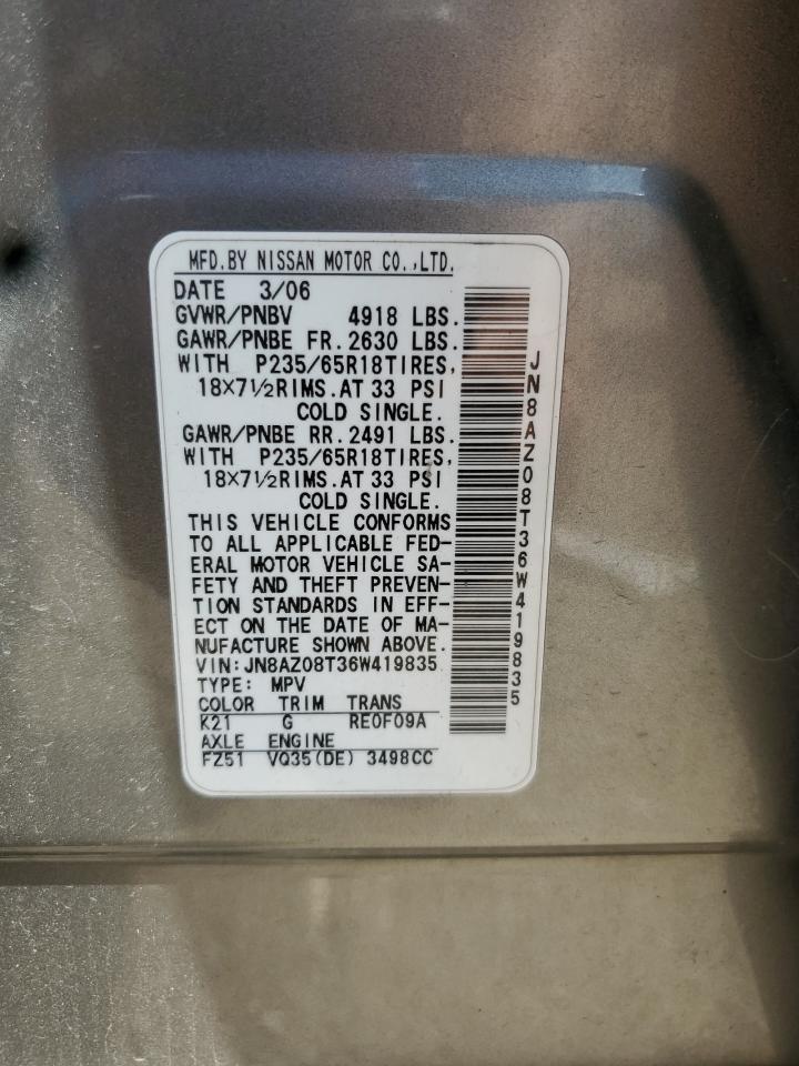 2006 Nissan Murano Sl VIN: JN8AZ08T36W419835 Lot: 67985665