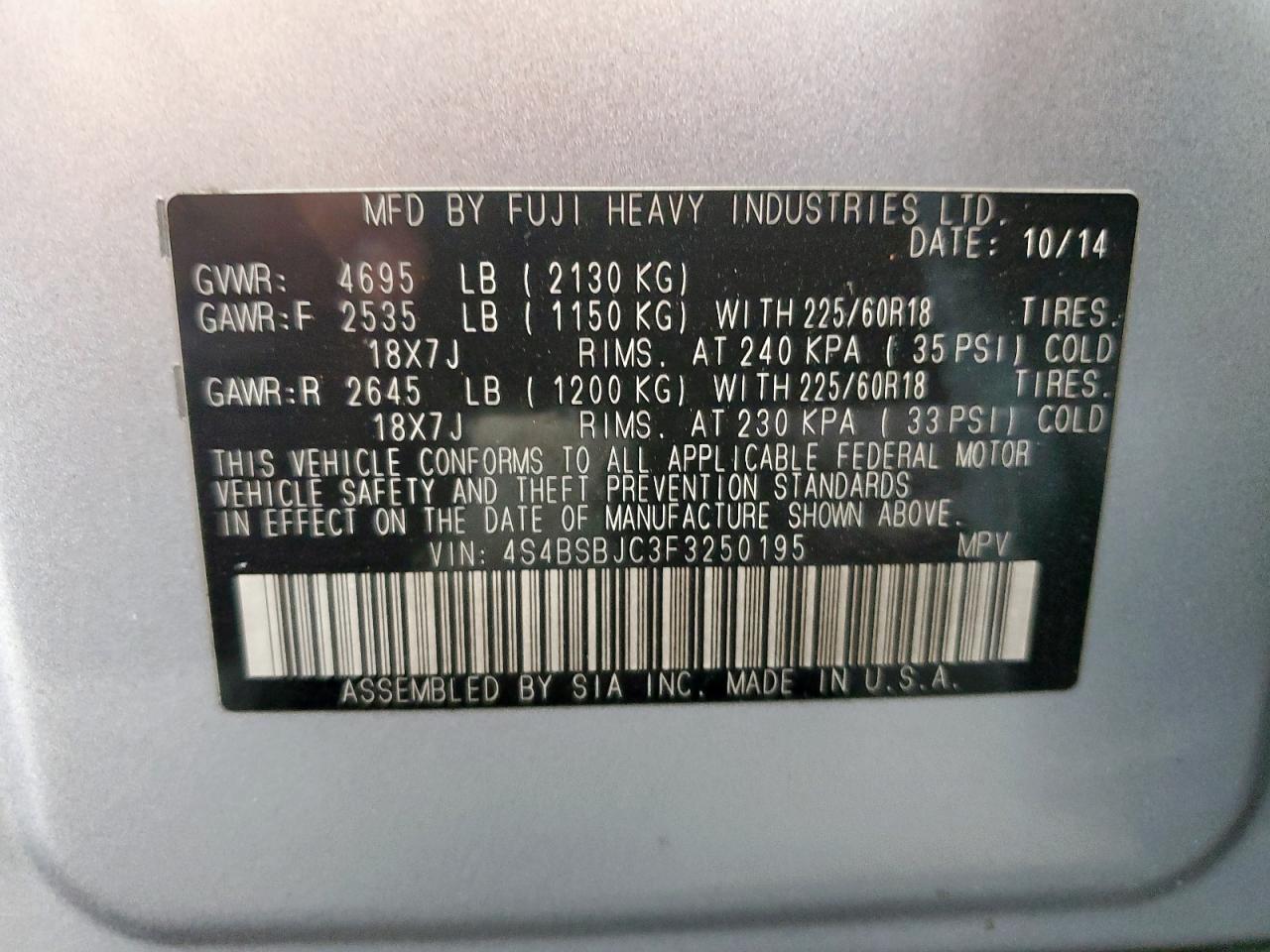 2015 Subaru Outback 2.5I Limited VIN: 4S4BSBJC3F3250195 Lot: 69860195