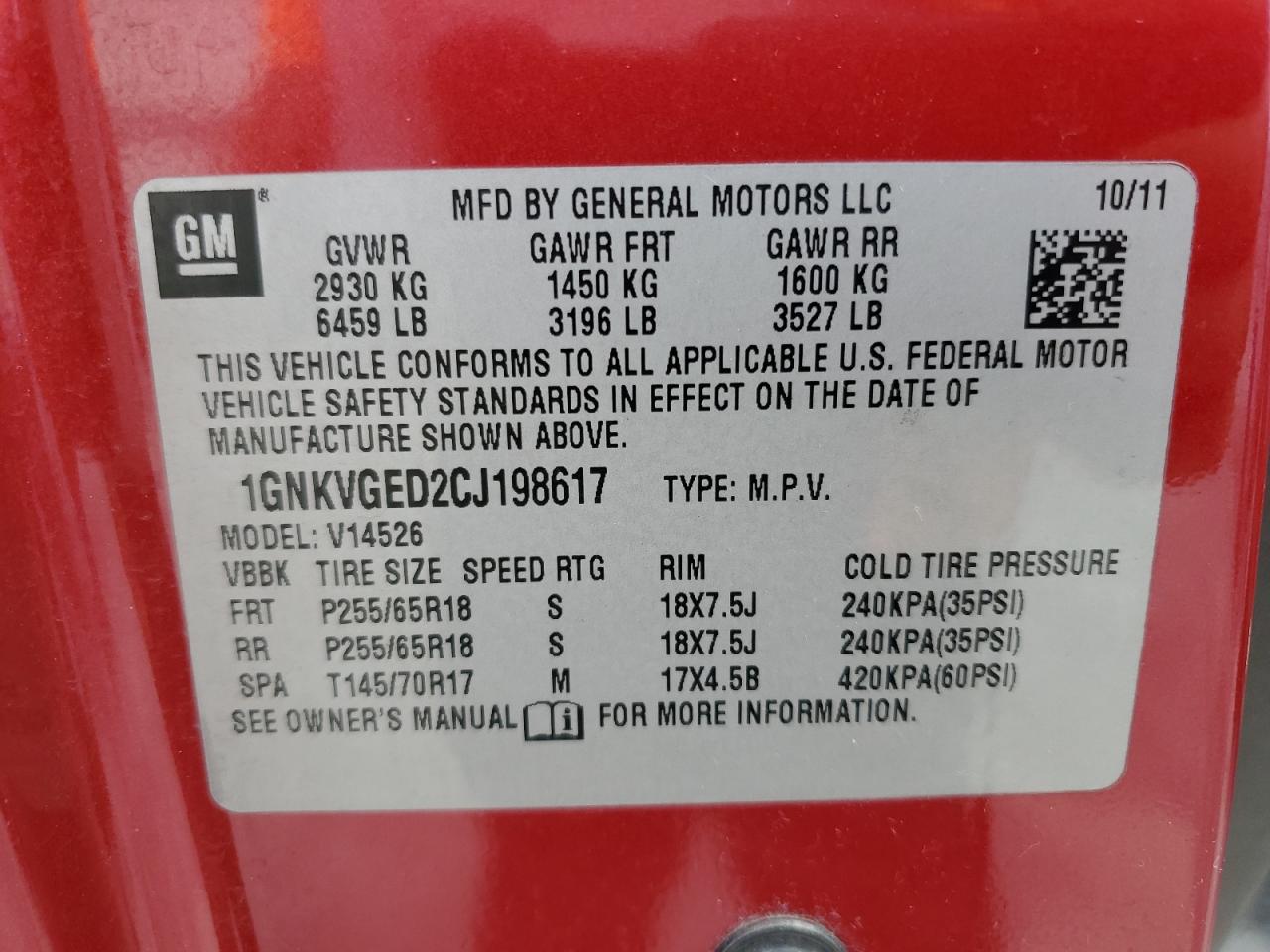 2012 Chevrolet Traverse Lt VIN: 1GNKVGED2CJ198617 Lot: 67071355