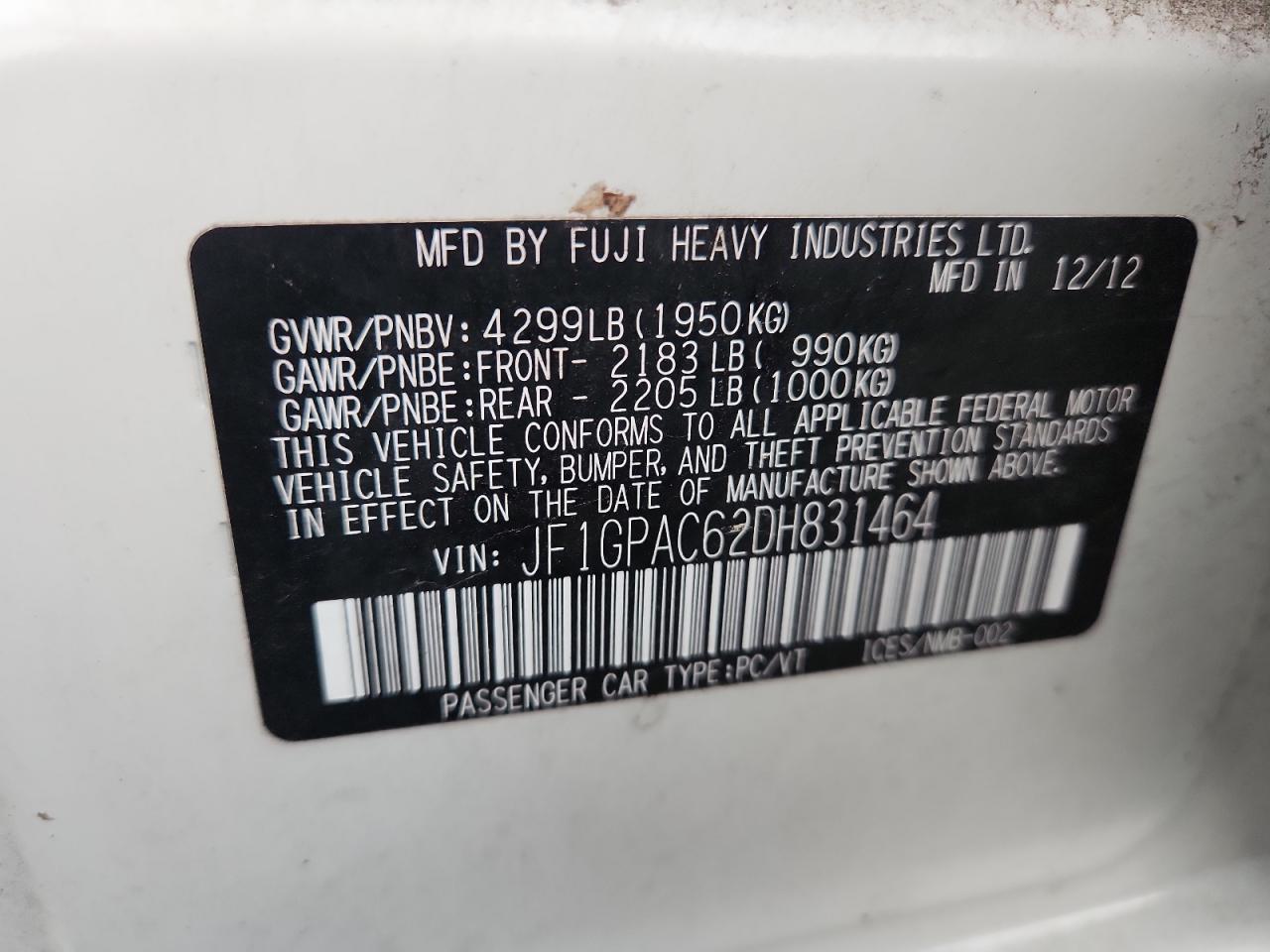 2013 Subaru Impreza Premium VIN: JF1GPAC62DH831464 Lot: 69238025