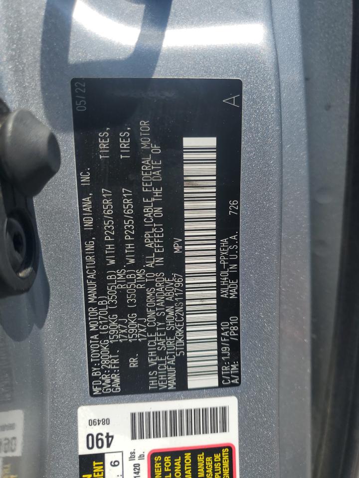 2022 Toyota Sienna Le VIN: 5TDKRKEC2NS117967 Lot: 67005345