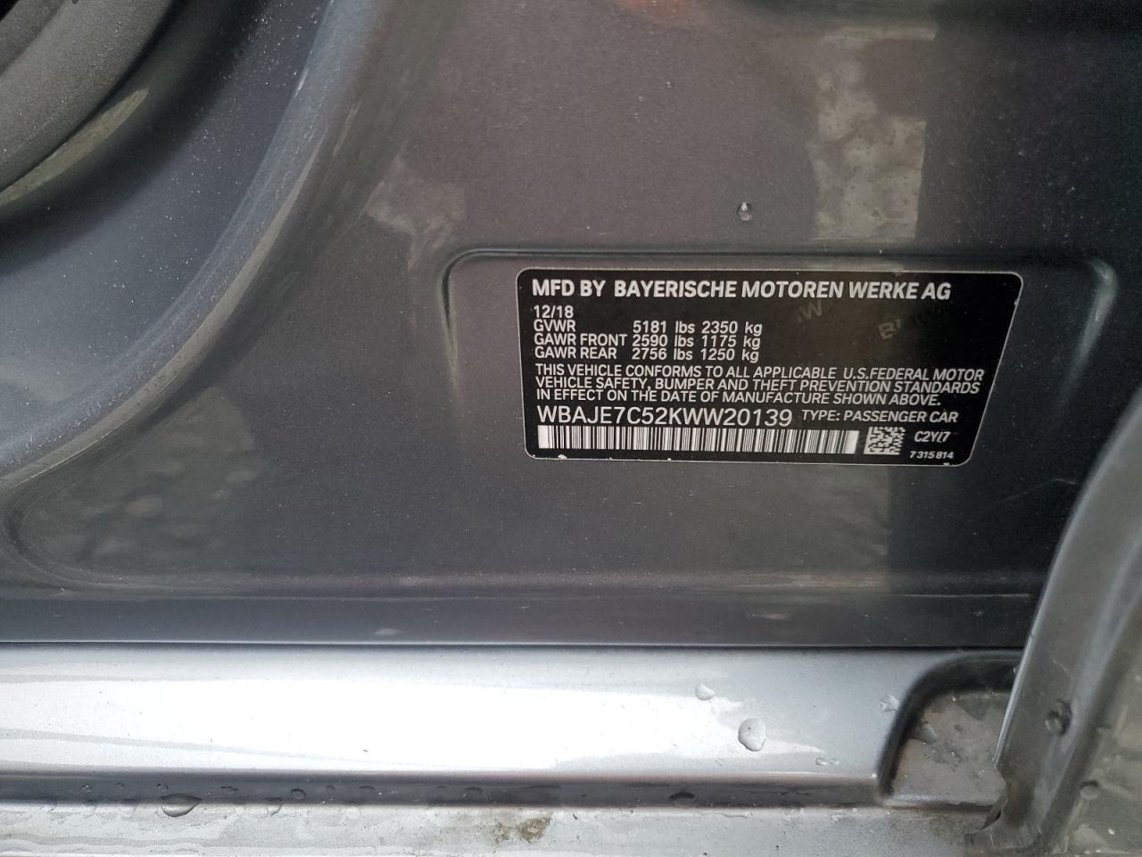 2019 BMW 540 Xi VIN: WBAJE7C52KWW20139 Lot: 68174315