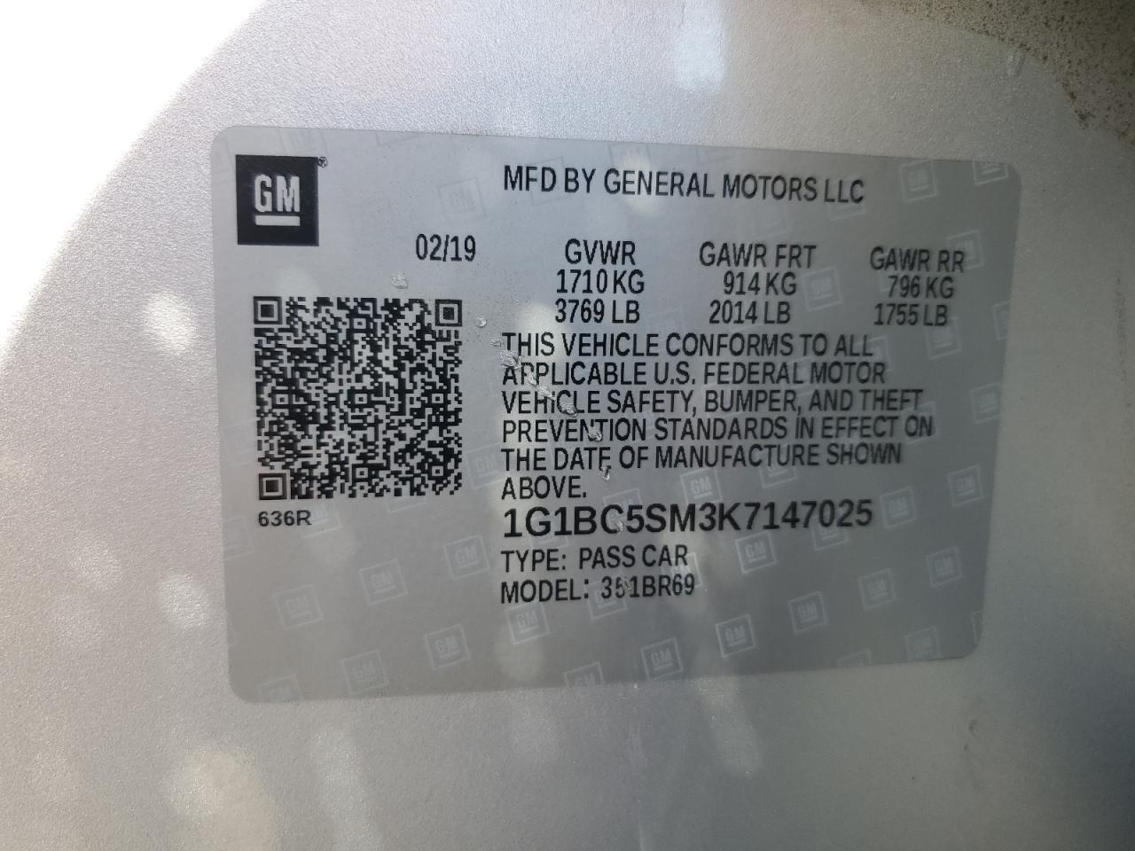 2019 Chevrolet Cruze Ls VIN: 1G1BC5SM3K7147025 Lot: 70678085