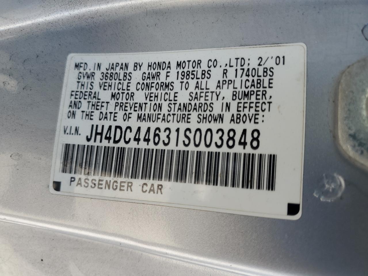 2001 Acura Integra Gs VIN: JH4DC44631S003848 Lot: 70532875
