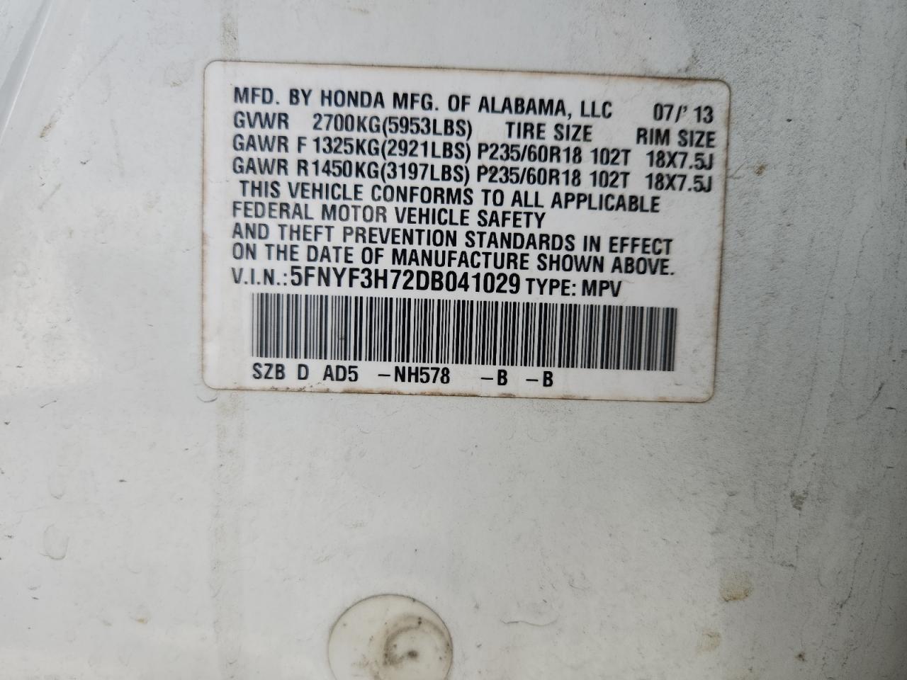 2013 Honda Pilot Exln VIN: 5FNYF3H72DB041029 Lot: 70650305