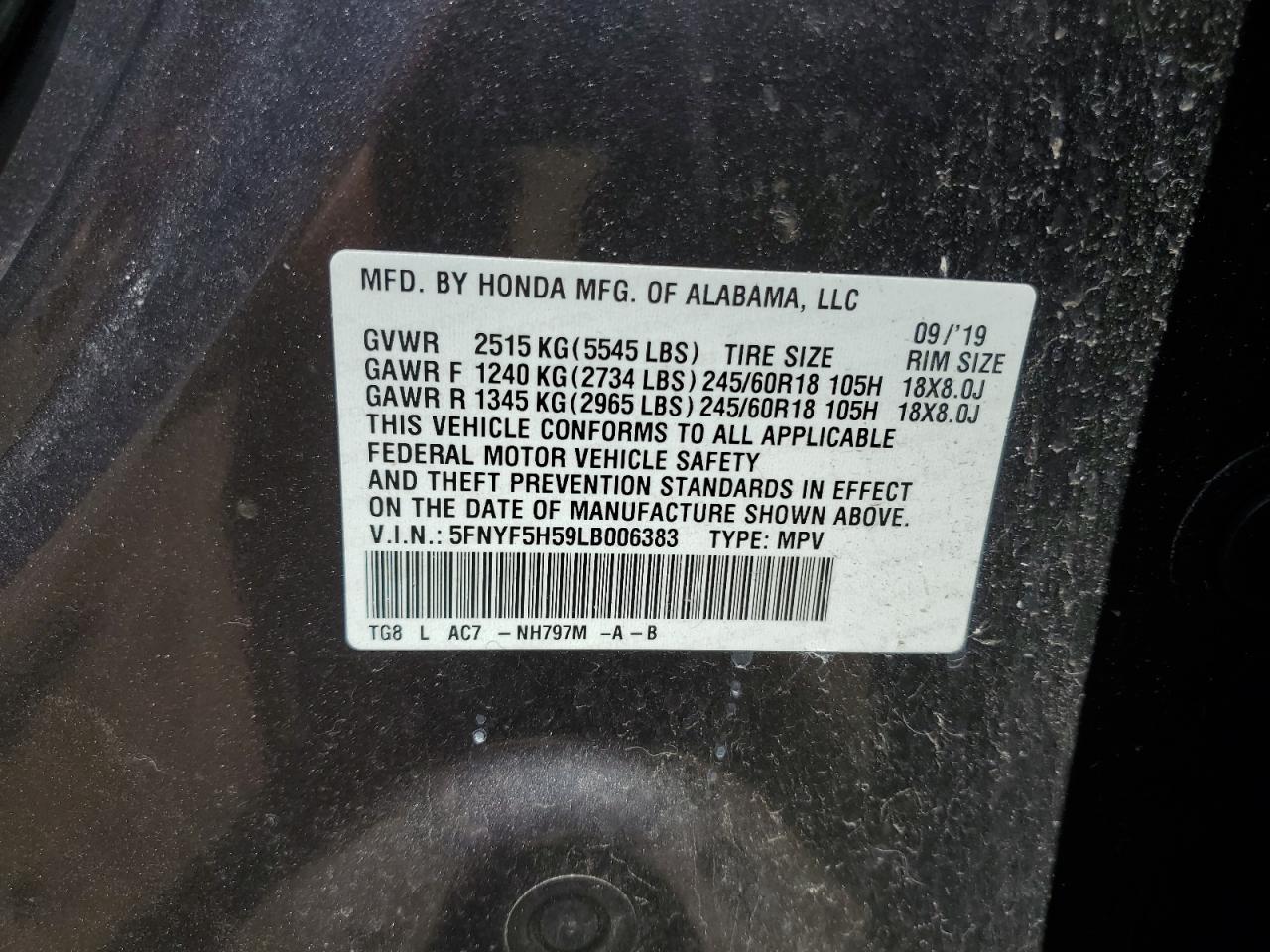 2020 Honda Pilot Exl VIN: 5FNYF5H59LB006383 Lot: 69061635
