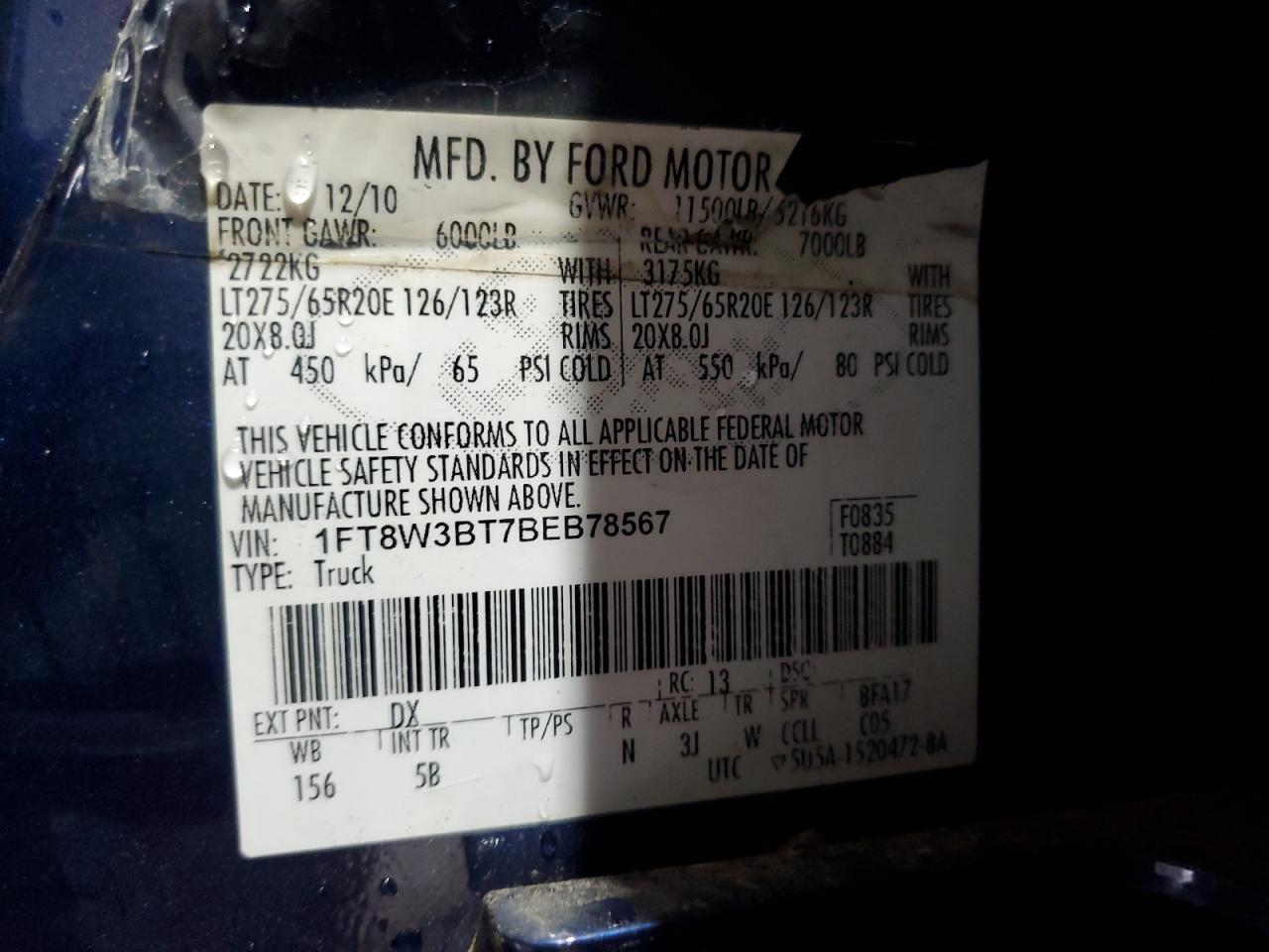 2011 Ford Super Duty F-350 W/S VIN: 1FT8W3BT7BEB78567 Lot: 70690445