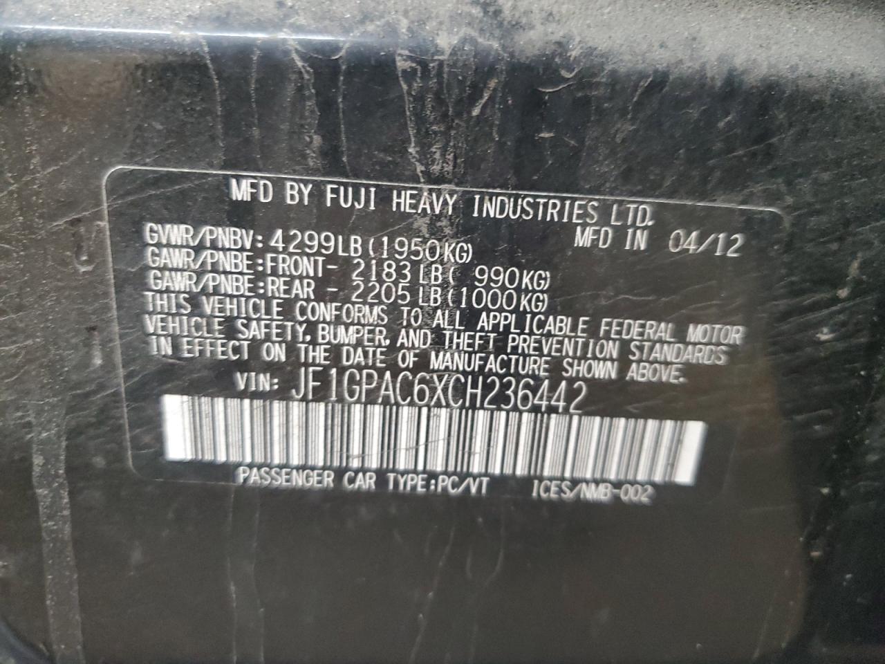 2012 Subaru Impreza Premium VIN: JF1GPAC6XCH236442 Lot: 69450775