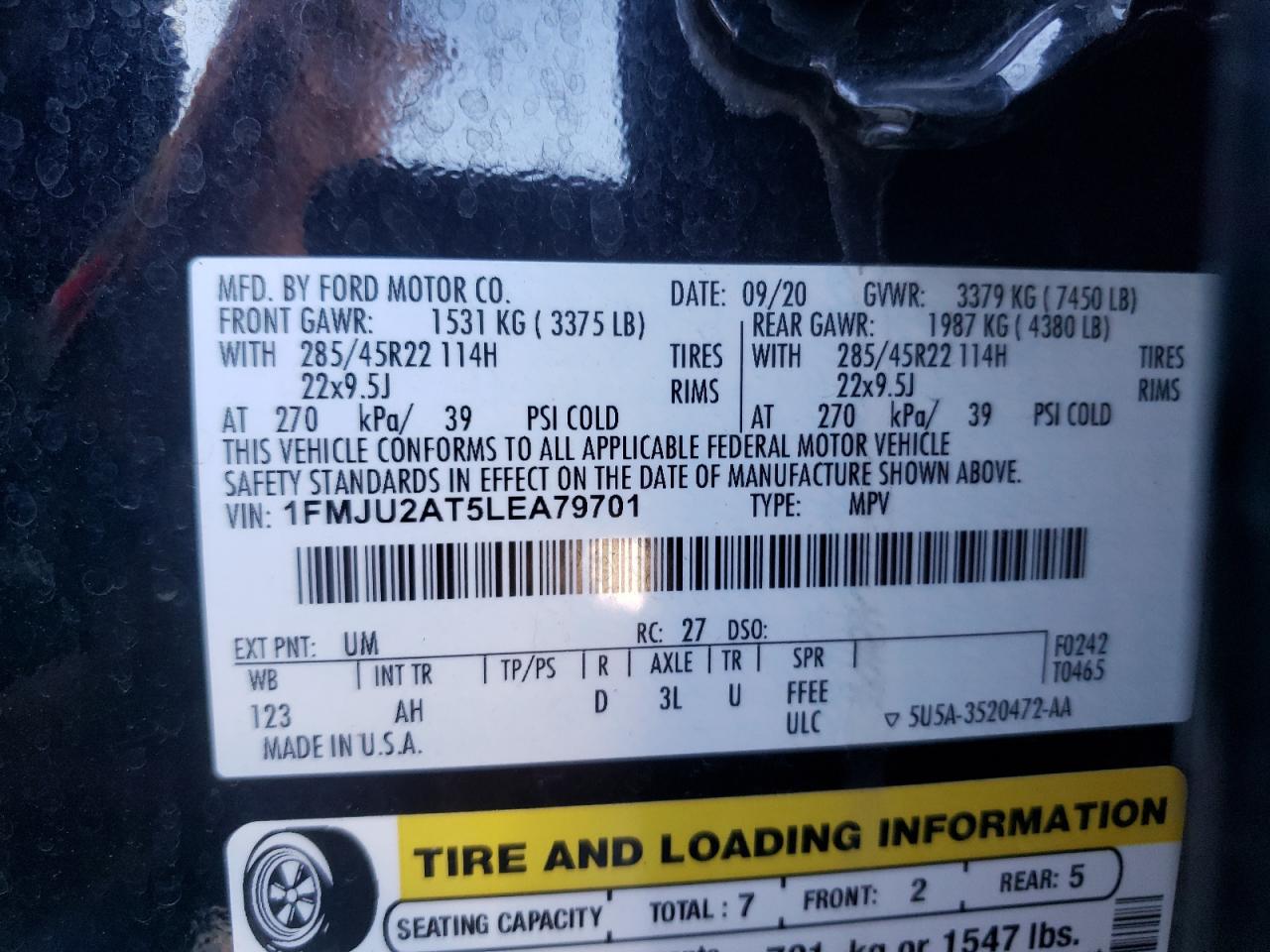 2020 Ford Expedition Limited VIN: 1FMJU2AT5LEA79701 Lot: 70459055