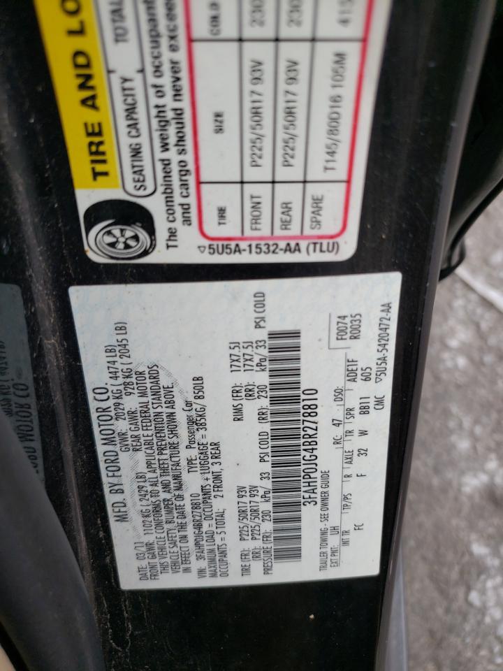 2011 Ford Fusion Sel VIN: 3FAHP0JG4BR278810 Lot: 69661945