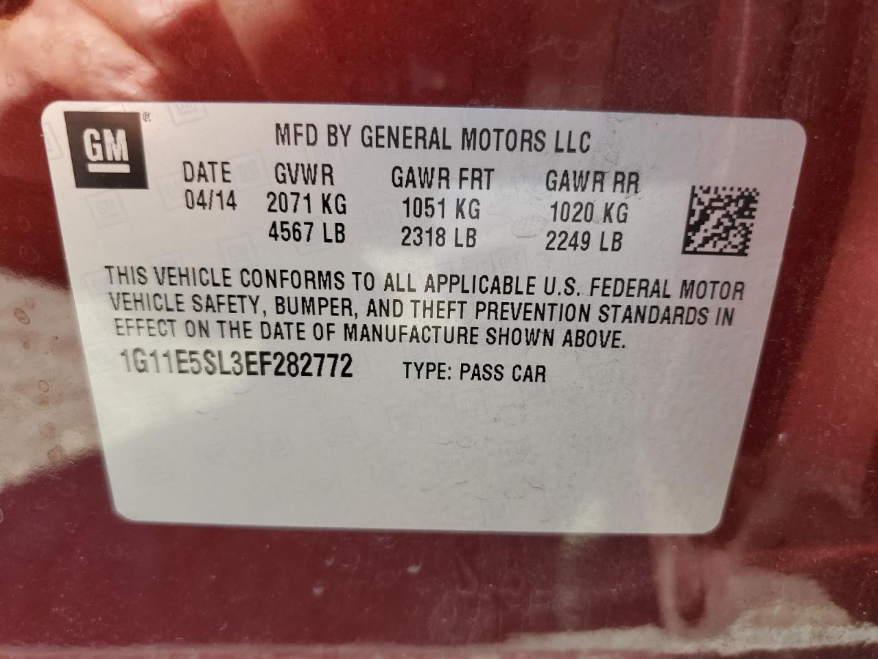 2014 Chevrolet Malibu 2Lt VIN: 1G11E5SL3EF282772 Lot: 70297205