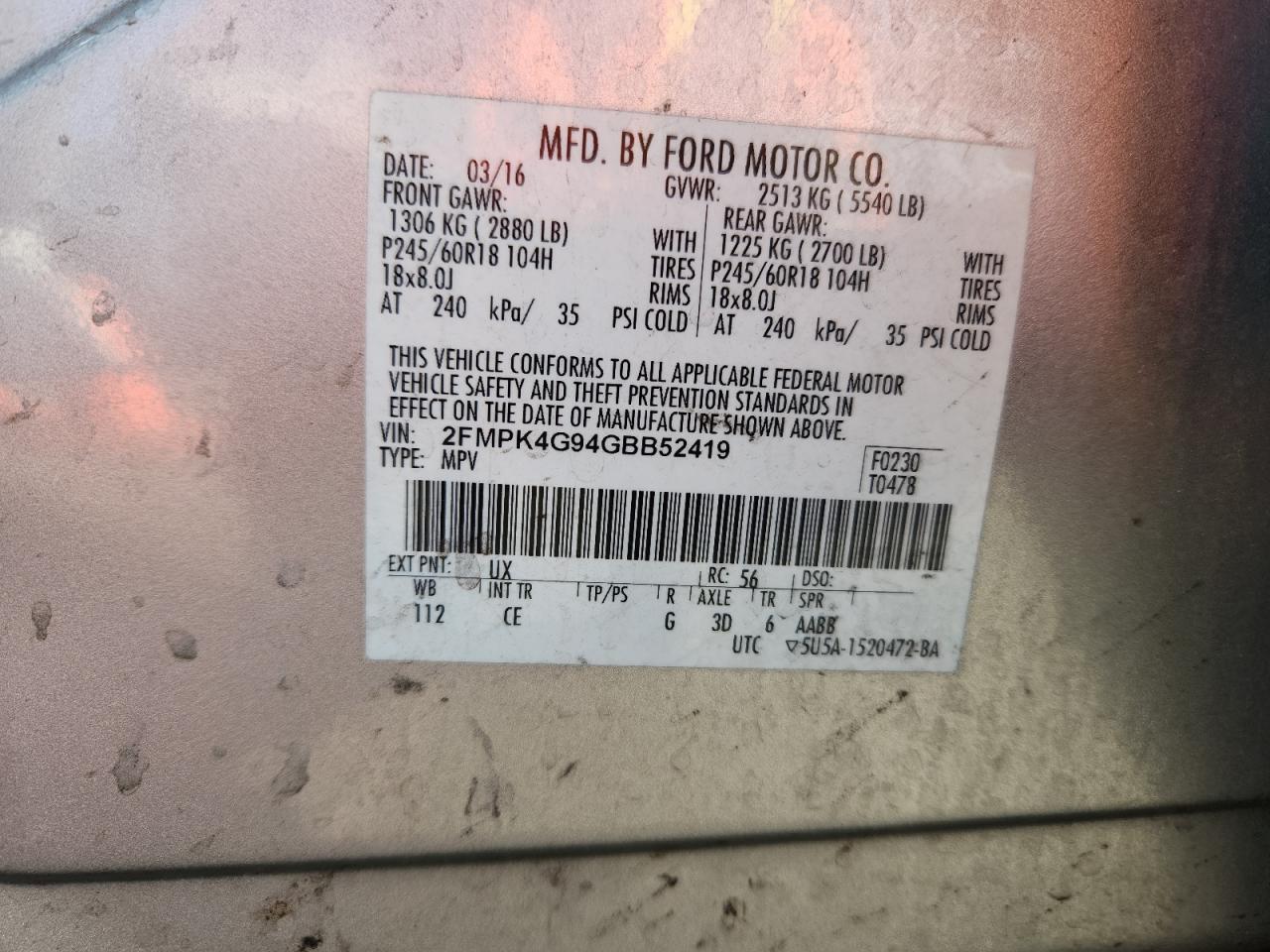 2016 Ford Edge Se VIN: 2FMPK4G94GBB52419 Lot: 69978395