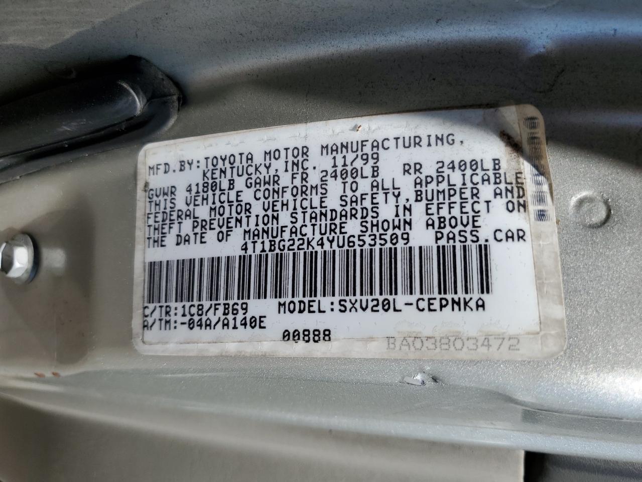 2000 Toyota Camry Ce VIN: 4T1BG22K4YU653509 Lot: 69377265