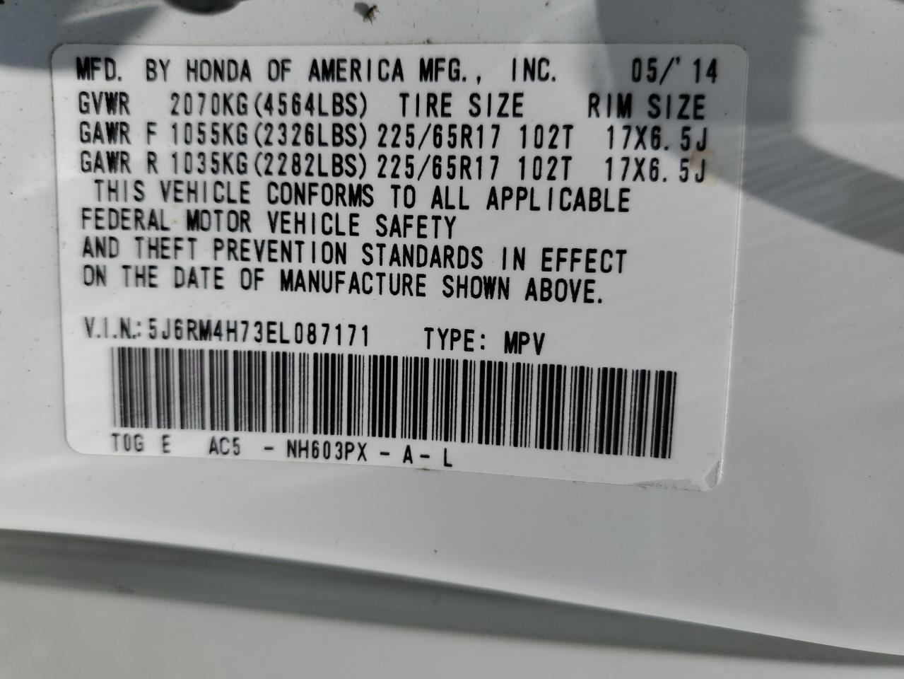 2014 Honda Cr-V Exl VIN: 5J6RM4H73EL087171 Lot: 67601065