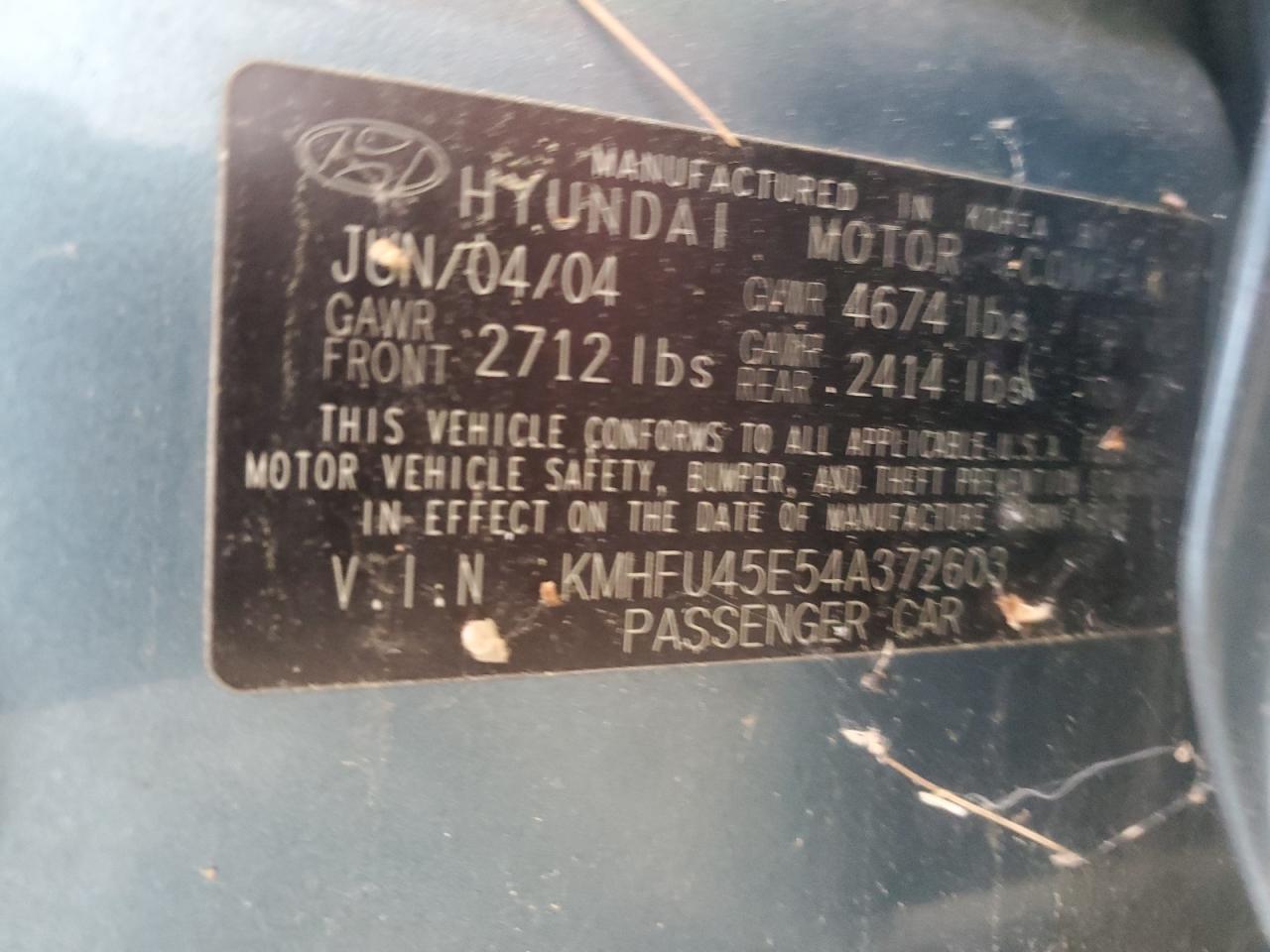 2004 Hyundai Xg 350 VIN: KMHFU45E54A372603 Lot: 67711375