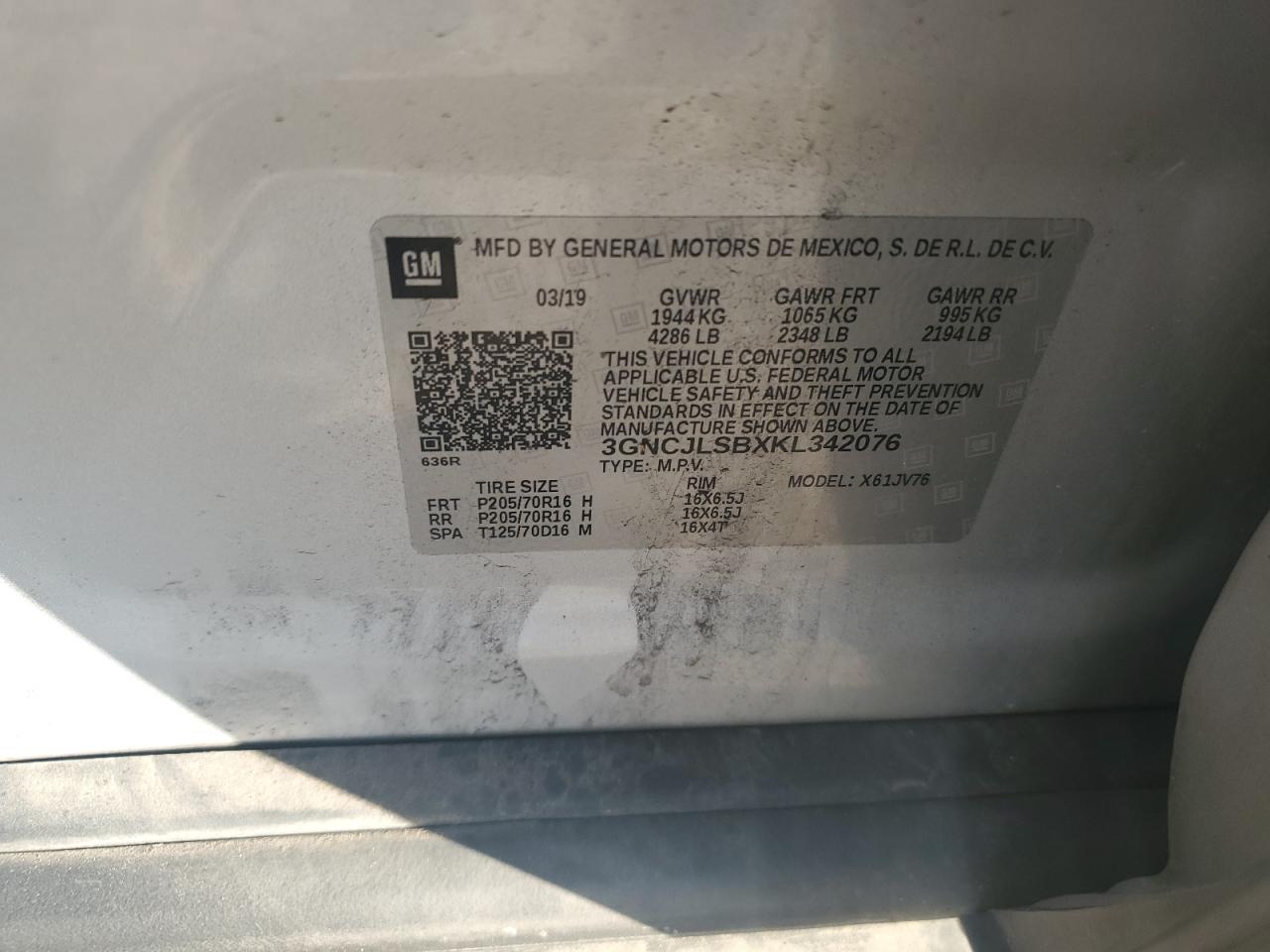 2019 Chevrolet Trax 1Lt VIN: 3GNCJLSBXKL342076 Lot: 70245955