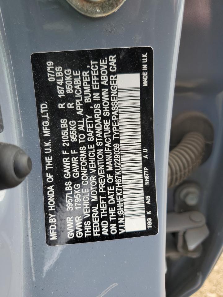 2019 Honda Civic Ex VIN: SHHFK7H67KU229039 Lot: 67863365